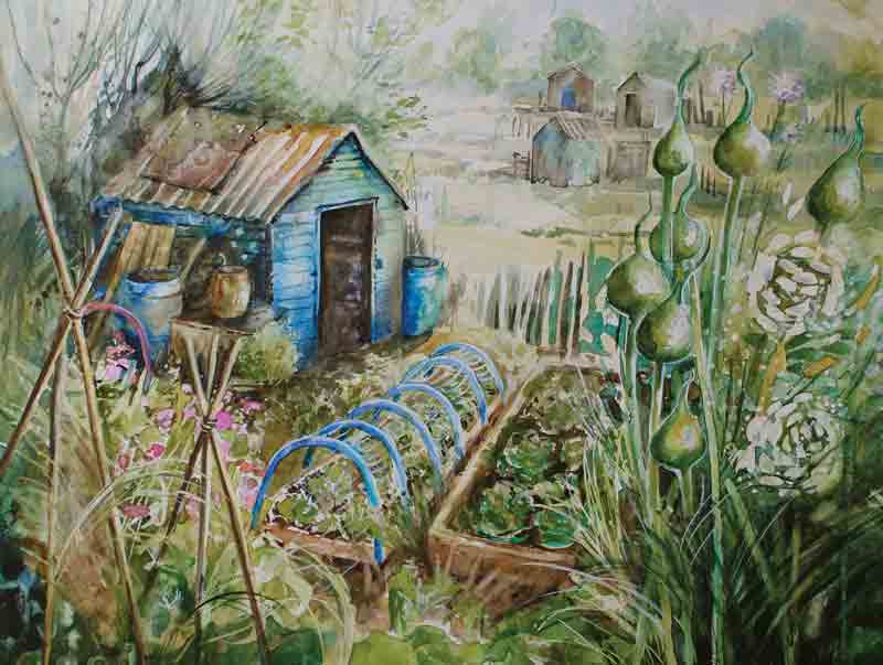 Allotment , the perfect plot, deals Etching and aquatint with watercolour