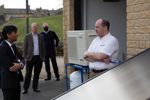 Rishi Sunak with Griff Thomas of GTEC, watched David Cowburn (NAPIT) and Ian Rippin (MCS)