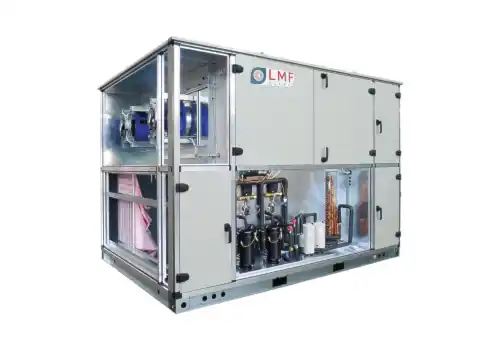 Integrated heat pump air handling unit showing direct expansion coil in supply air stream Integrated heat pump air handling unit showing direct expansion coil in supply air stream