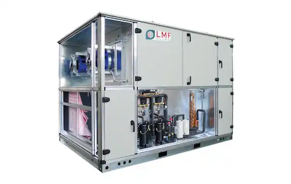 Integrated heat pump air handling unit showing direct expansion coil in supply air stream Integrated heat pump air handling unit showing direct expansion coil in supply air stream