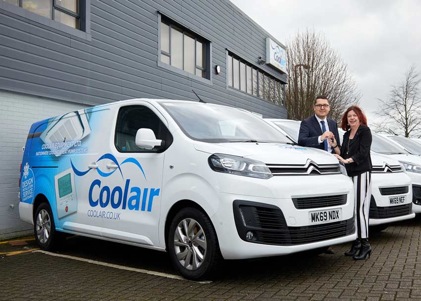 Citroen Regional Business Sales Manager James Walton handing keys to Coolair Equipment’s Finance Director Helen Sharratt at the company’s Manchester HQ