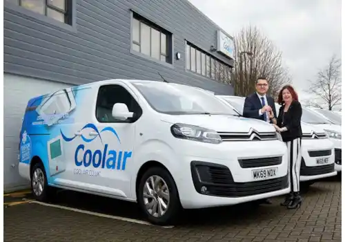 Citroen Regional Business Sales Manager James Walton handing keys to Coolair Equipment’s Finance Director Helen Sharratt at the company’s Manchester HQ Citroen Regional Business Sales Manager James Walton handing keys to Coolair Equipment’s Finance Director Helen Sharratt at the company’s Manchester HQ