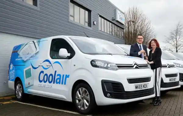 Citroen Regional Business Sales Manager James Walton handing keys to Coolair Equipment’s Finance Director Helen Sharratt at the company’s Manchester HQ Citroen Regional Business Sales Manager James Walton handing keys to Coolair Equipment’s Finance Director Helen Sharratt at the company’s Manchester HQ