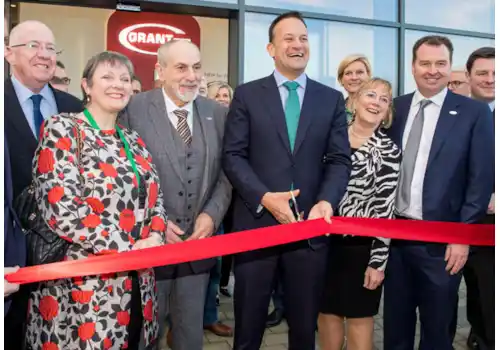 Irish Taoiseach Leo Varadkar cuts the ribbon watched by Stephen Grant, third from left,and Niall Fay, second from right Irish Taoiseach Leo Varadkar cuts the ribbon watched by Stephen Grant, third from left,and Niall Fay, second from right