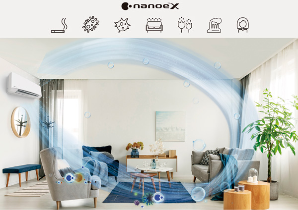 The nanoe X technology comes as standard in Panasonic’s residential Etherea air conditioning range 