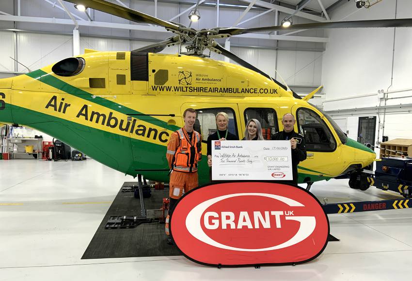 From left, Craig Wilkins (WAA paramedic), Val Whistler (WAA Fundraiser Co-ordinator), Amy Aland (Grant UK Marketing Executive) and Rob Buckus (WAA pilot)
