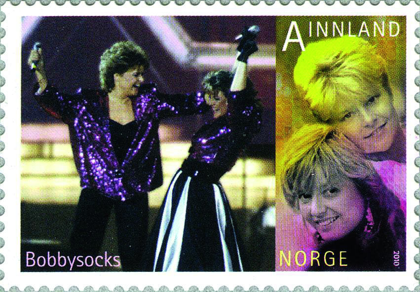 4 ‘Bobbysocks’, who won in 1985, on a 2010 stamp from Norway