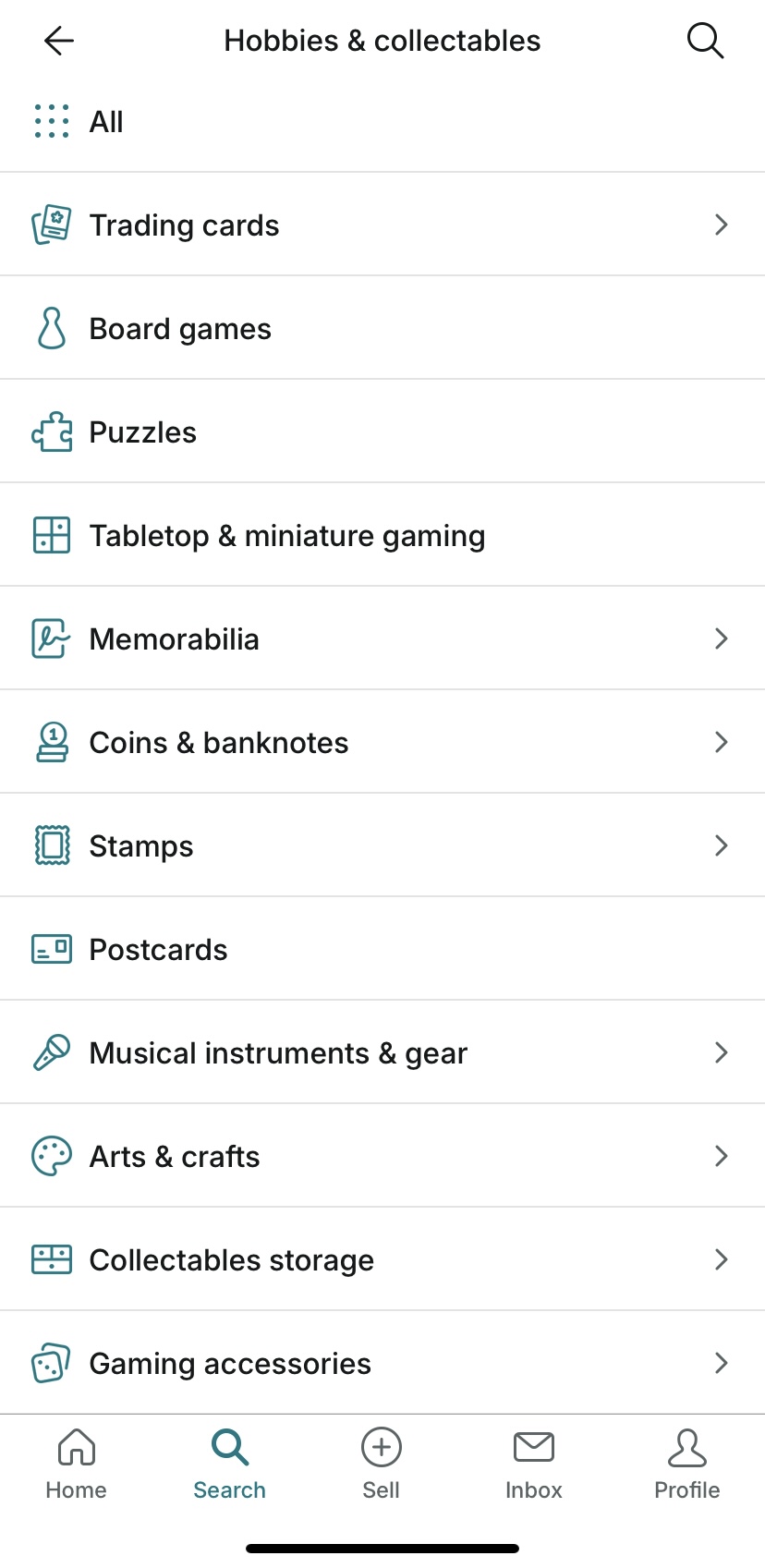 hobbies and collectables interface on vinted