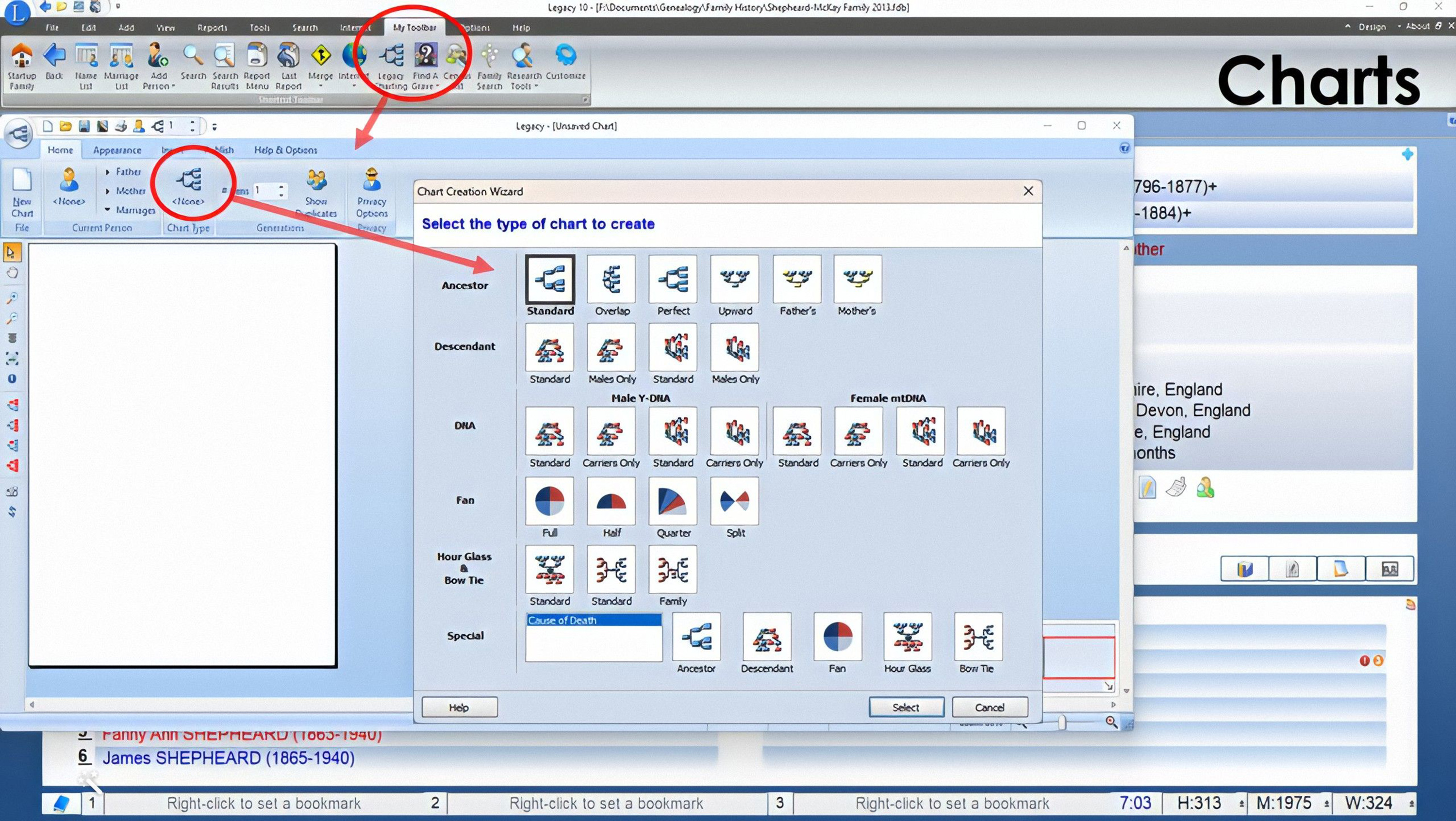 Creating charts in Legacy family tree software