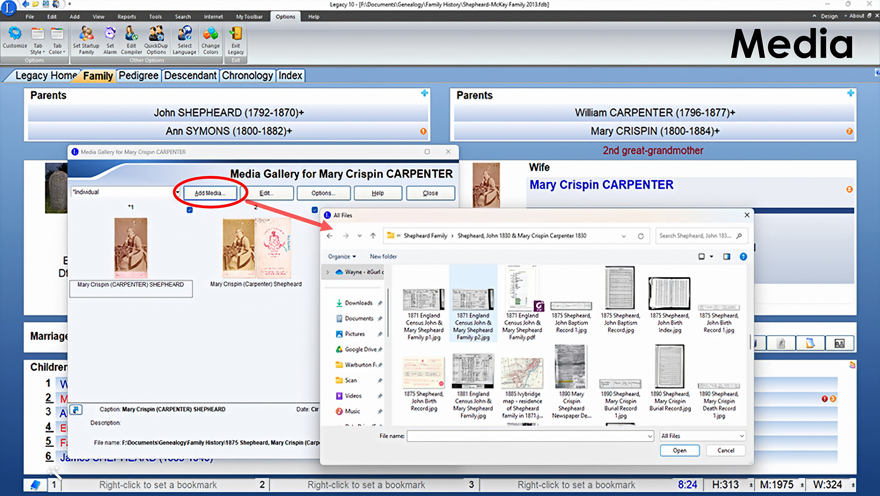 Working with media files in Legacy family tree software