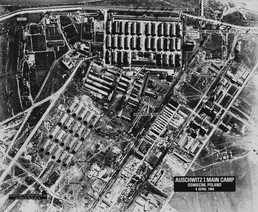 An US aerial reconnaissance photograph of the Auschwitz concentration camp showing the Auschwitz I camp. Photo taken 4 April 1944.