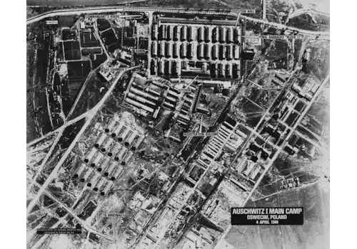 An US aerial reconnaissance photograph of the Auschwitz concentration camp showing the Auschwitz I camp. Photo taken 4 April 1944. An US aerial reconnaissance photograph of the Auschwitz concentration camp showing the Auschwitz I camp. Photo taken 4 April 1944.