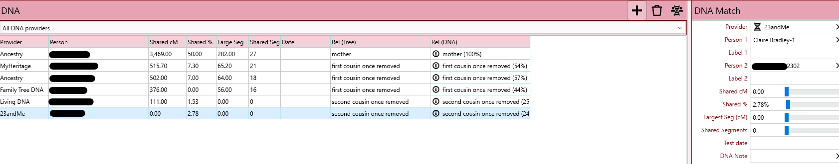 RootsMagic screenshot - new DNA Match screen