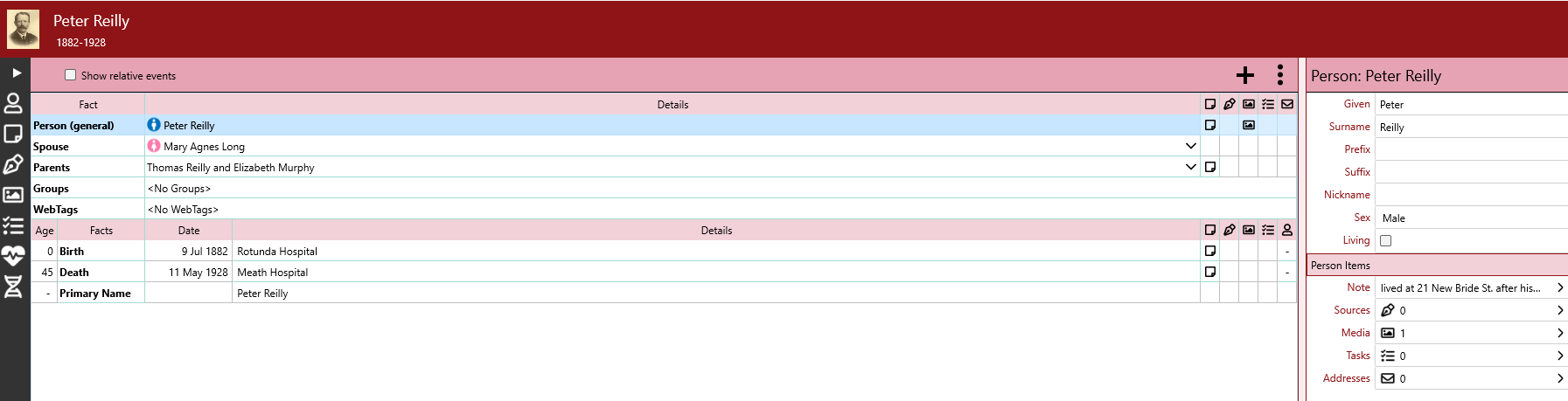 RootsMagic screenshot - individual ancestor screen