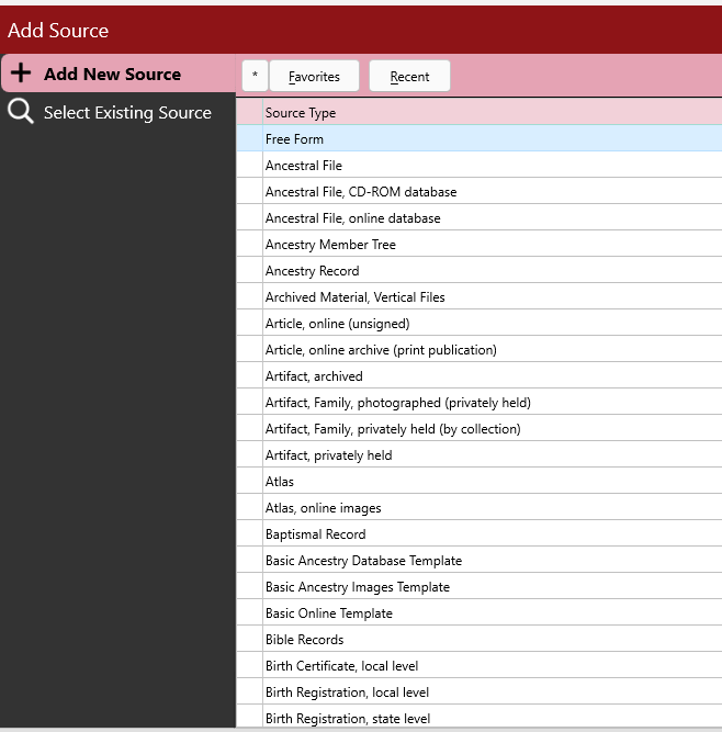 RootsMagic screenshot - source citation list