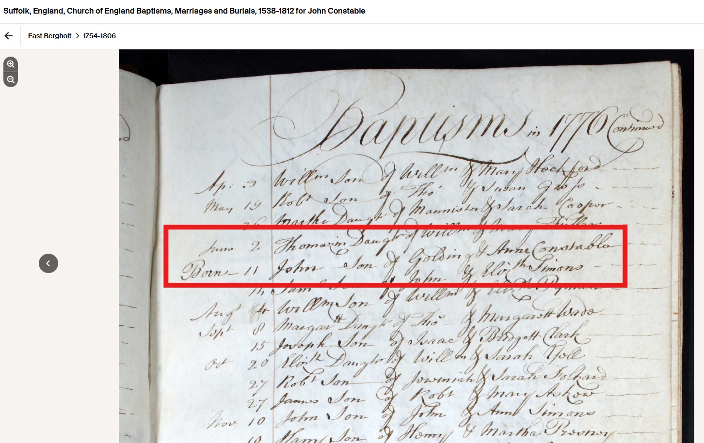 John Constable baptism register entry 1776 East Bergholt Ancestry