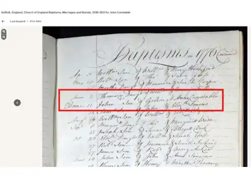 John Constable baptism register entry 1776 East Bergholt Ancestry John Constable baptism register entry 1776 East Bergholt Ancestry