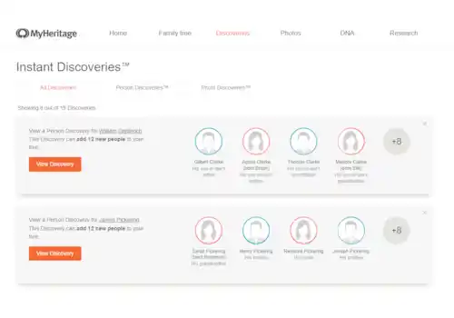 Learn how the MyHeritage Instant Discoveries can add multiple facts and photos to your family tree in just one click Learn how the MyHeritage Instant Discoveries can add multiple facts and photos to your family tree in just one click