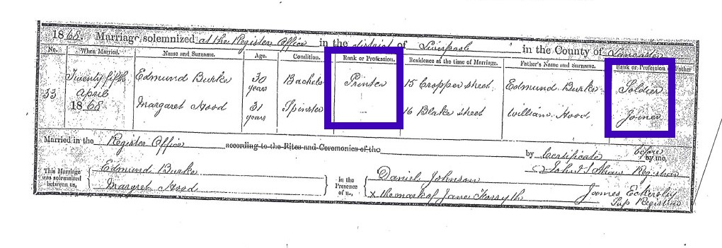 Note the occupation details recorded on a marriage certificate includes the occupations of the fathers of the bride and groom too