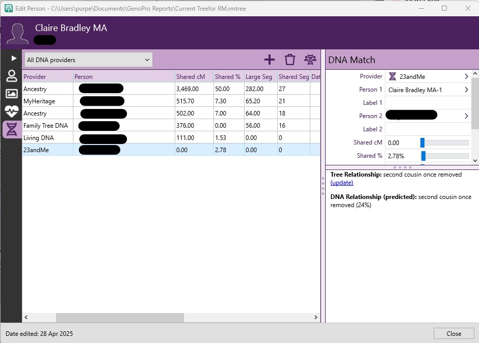 RootsMagic screenshot - new DNA Match screen
