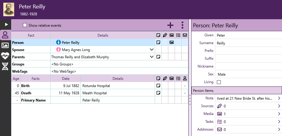 RootsMagic screenshot - individual ancestor screen