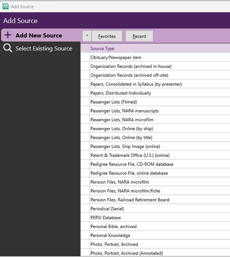 RootsMagic screenshot - source citation list