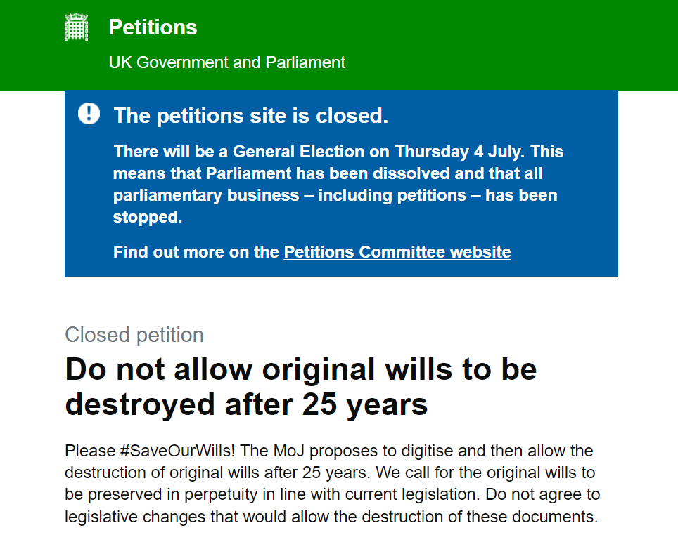 Why has the SaveOurWills petition started by Richard Holt closed early?