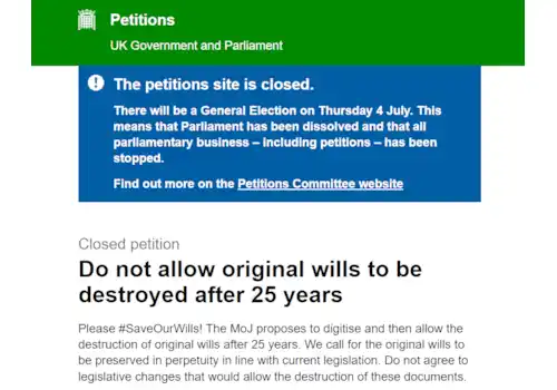 Why has the SaveOurWills petition started by Richard Holt closed early? Why has the SaveOurWills petition started by Richard Holt closed early?
