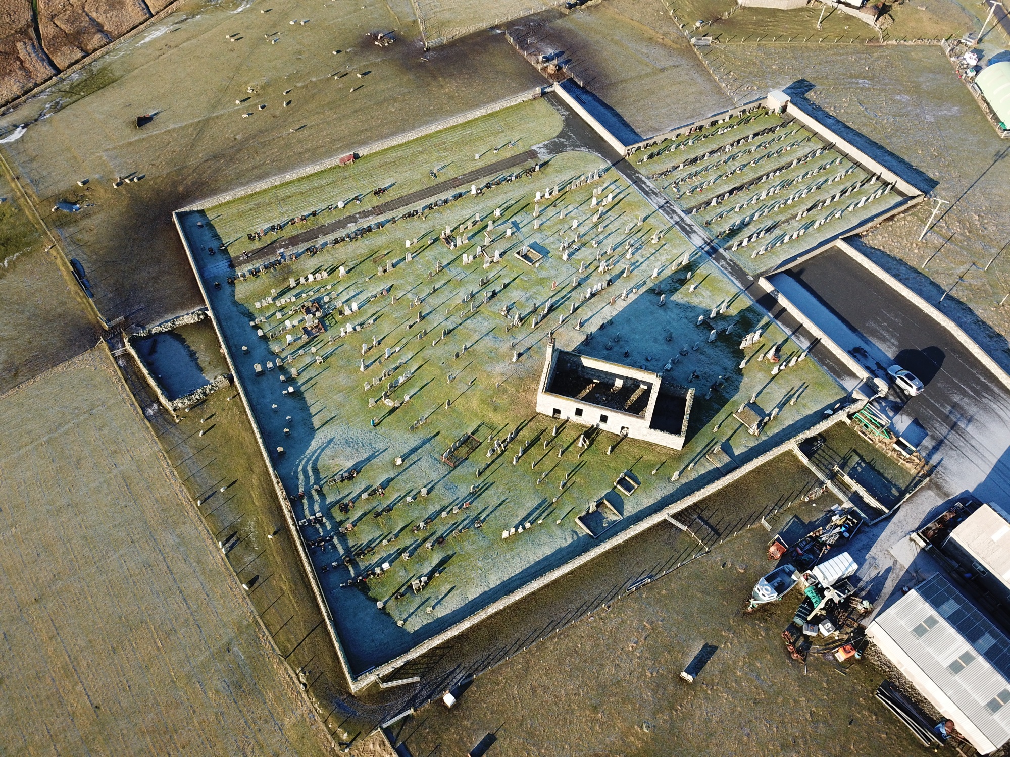Shetland MIs project drone footage of Burra Cemetery Kirkyard 
