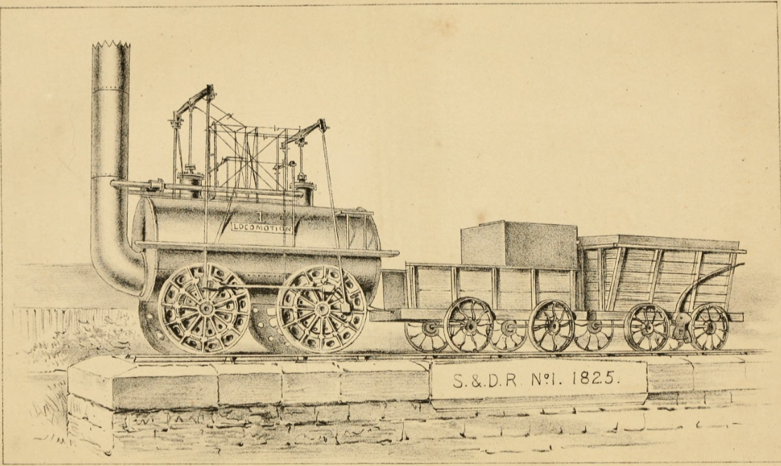 Image from Archive.org: Read the 1875 50th anniversary publication of the Stockton and Darlington Railway at https://archive.org/details/jubileememorialo00jeanuoft/page/n7/mode/2up