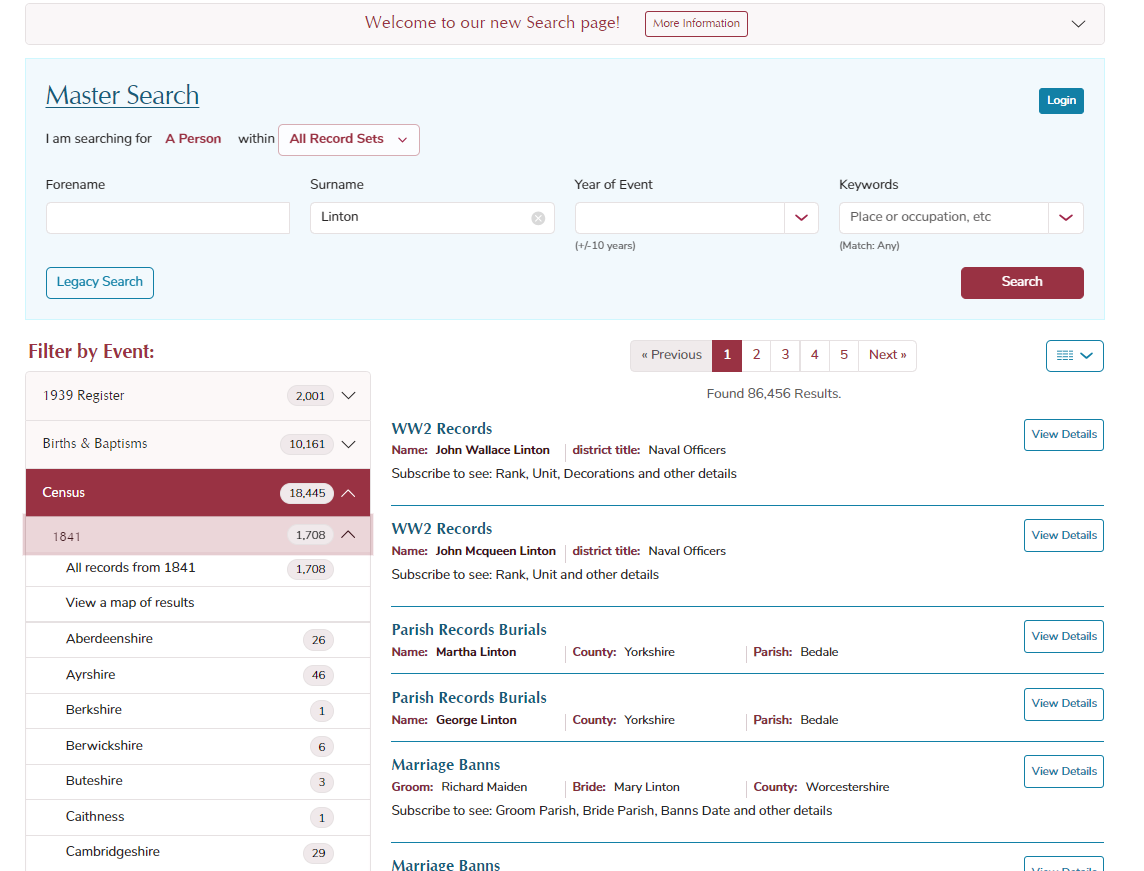 Search TheGenealogist MasterSearch for your surname of interest and note which counties your surname appears in