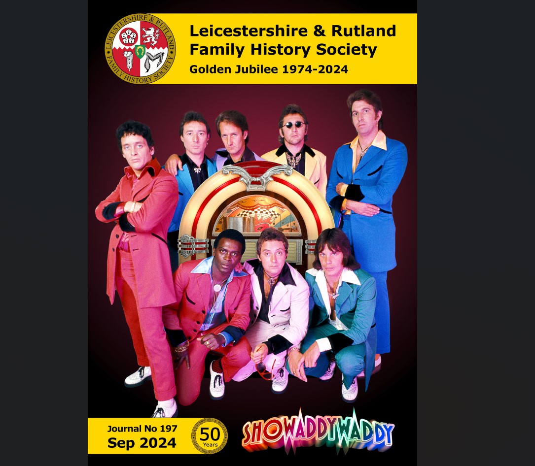 The cover of the Leicestershire & Rutland Family History Society (LRFHS) Golden Jubilee September 2024 Journal, featuring 1970s Leicester band Showaddywaddy (Photograph obtained directly from Dave Bartram, lead singer)