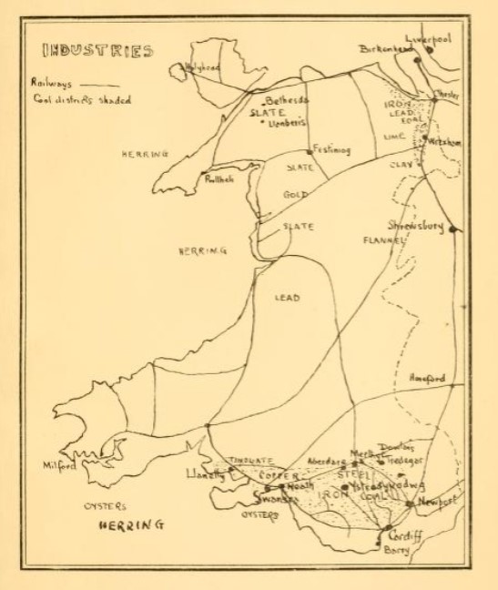 Map showing historical industries of Wales in Owen Morgan Edwards' A Short History of Wales published 1907