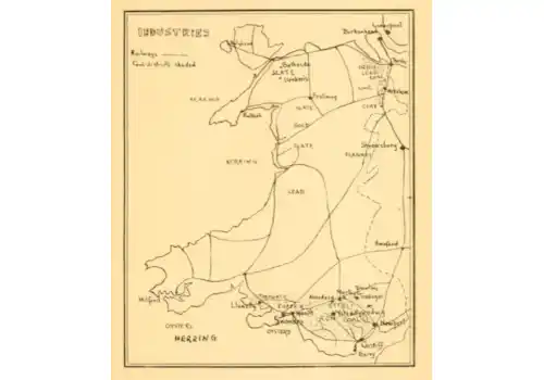 Map showing historical industries of Wales in Owen Morgan Edwards' A Short History of Wales published 1907 Map showing historical industries of Wales in Owen Morgan Edwards' A Short History of Wales published 1907