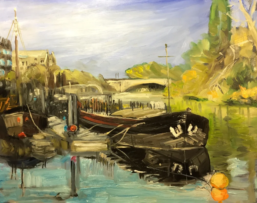 River barge near Kew Bridge on the Thames, oil on 40x30 board. River barge near Kew Bridge on the Thames, oil on 40x30 board.