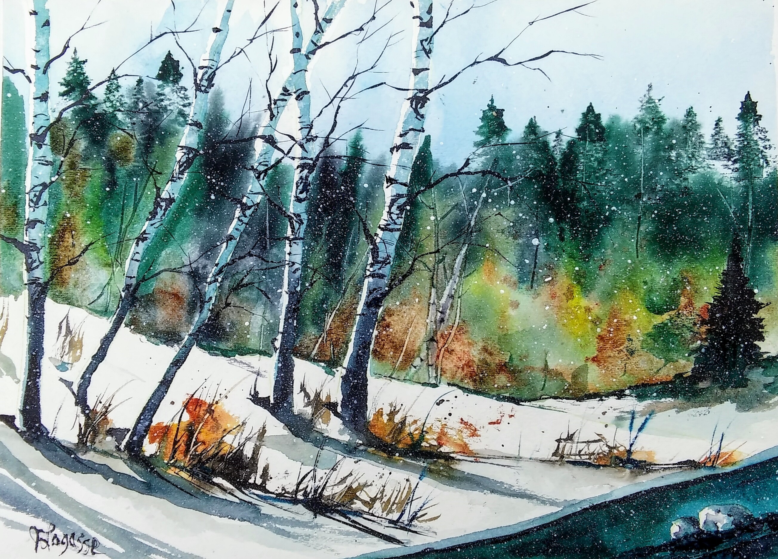 Autumn Painting, New England painting, watercolor painting, painting, original art, birch tree painting, jim lagasse, winter offers landscape