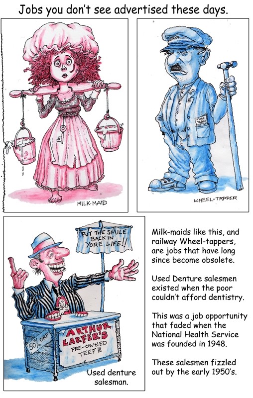 Jobs that are no longer advertised.  A4 Sketchbook.  Pen and colored pencil.