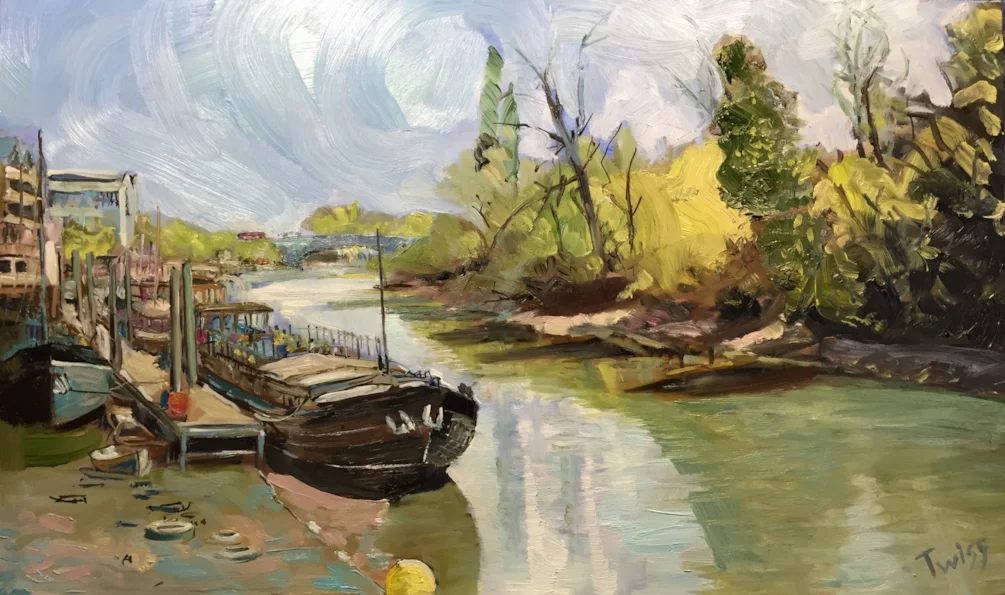 River barge on the Thames near Kew Bridge, oil on 60x35cm board River barge on the Thames near Kew Bridge, oil on 60x35cm board