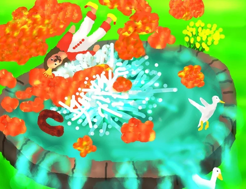 Splash! The King has fallen into the duck pond stuck inside the giant jelly. ha ha Splash! The King has fallen into the duck pond stuck inside the giant jelly. ha ha