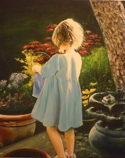 Megan with blue watering can Megan with blue watering can