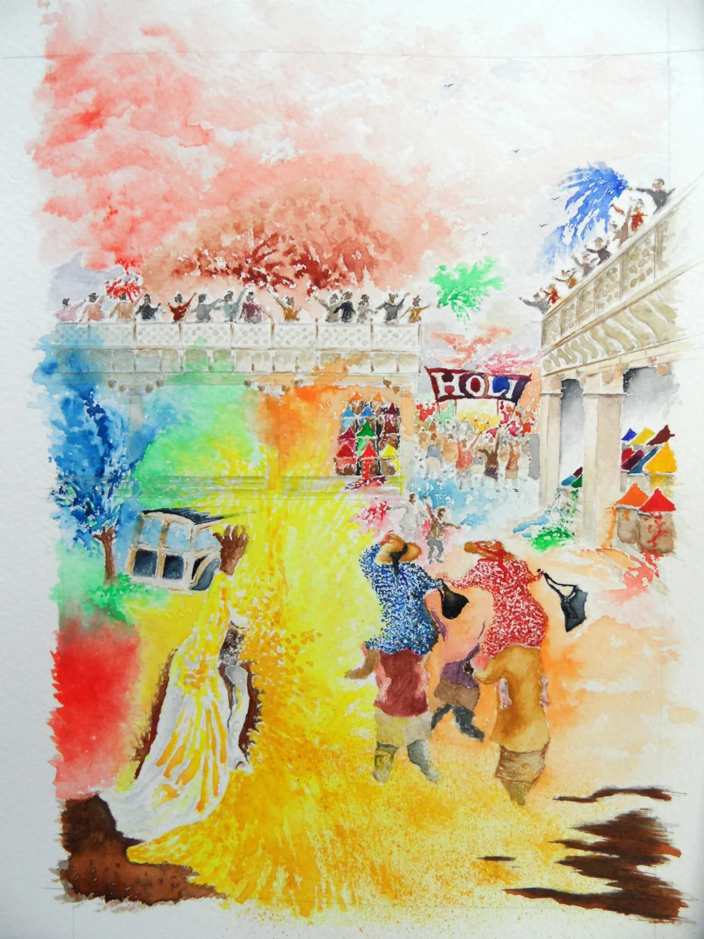 Painting for Stephen Haughan's new Novel "Peshwari Nan's" depicting the main characters, Esther & Minnie, attending a Holi Dye Festival in India Painting for Stephen Haughan's new Novel "Peshwari Nan's" depicting the main characters, Esther & Minnie, attending a Holi Dye Festival in India
