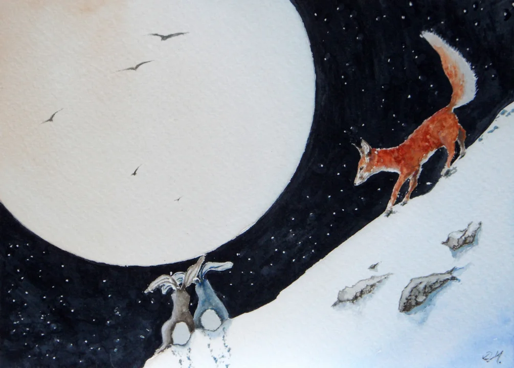 Fox And Hares In The Snow In The Moonlight Fox And Hares In The Snow In The Moonlight