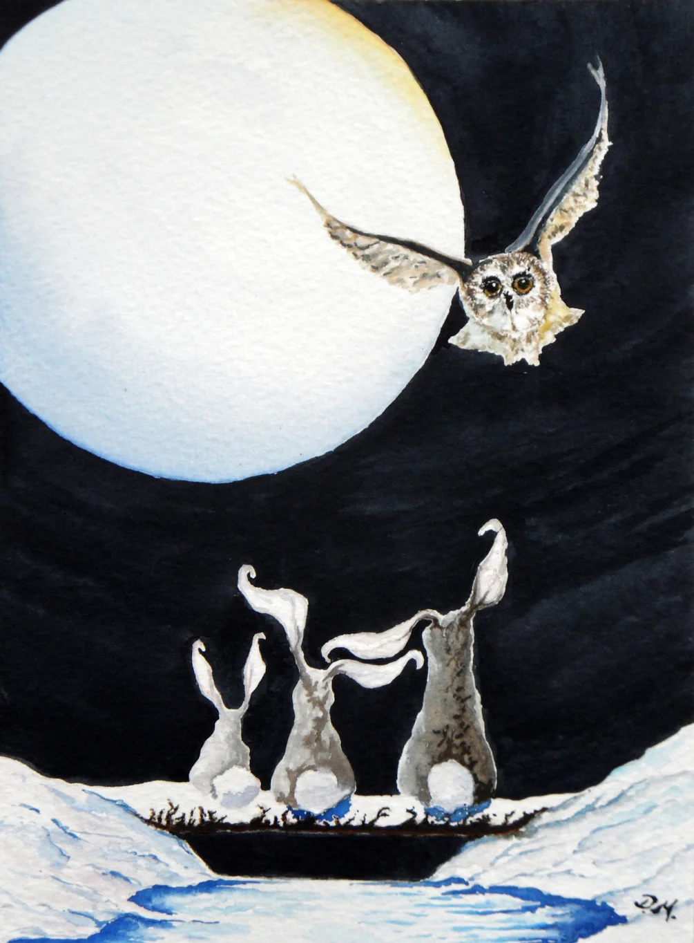 Hares And Owl In Wintry Moonlight Hares And Owl In Wintry Moonlight