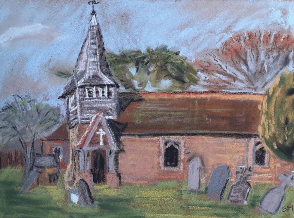 Boraston Church Lit By February Afternoon Sun - Soft pastel on bronze A3 rough Sennelier pastel paper - 22nd Feb 2025 Boraston Church Lit By February Afternoon Sun - Soft pastel on bronze A3 rough Sennelier pastel paper - 22nd Feb 2025