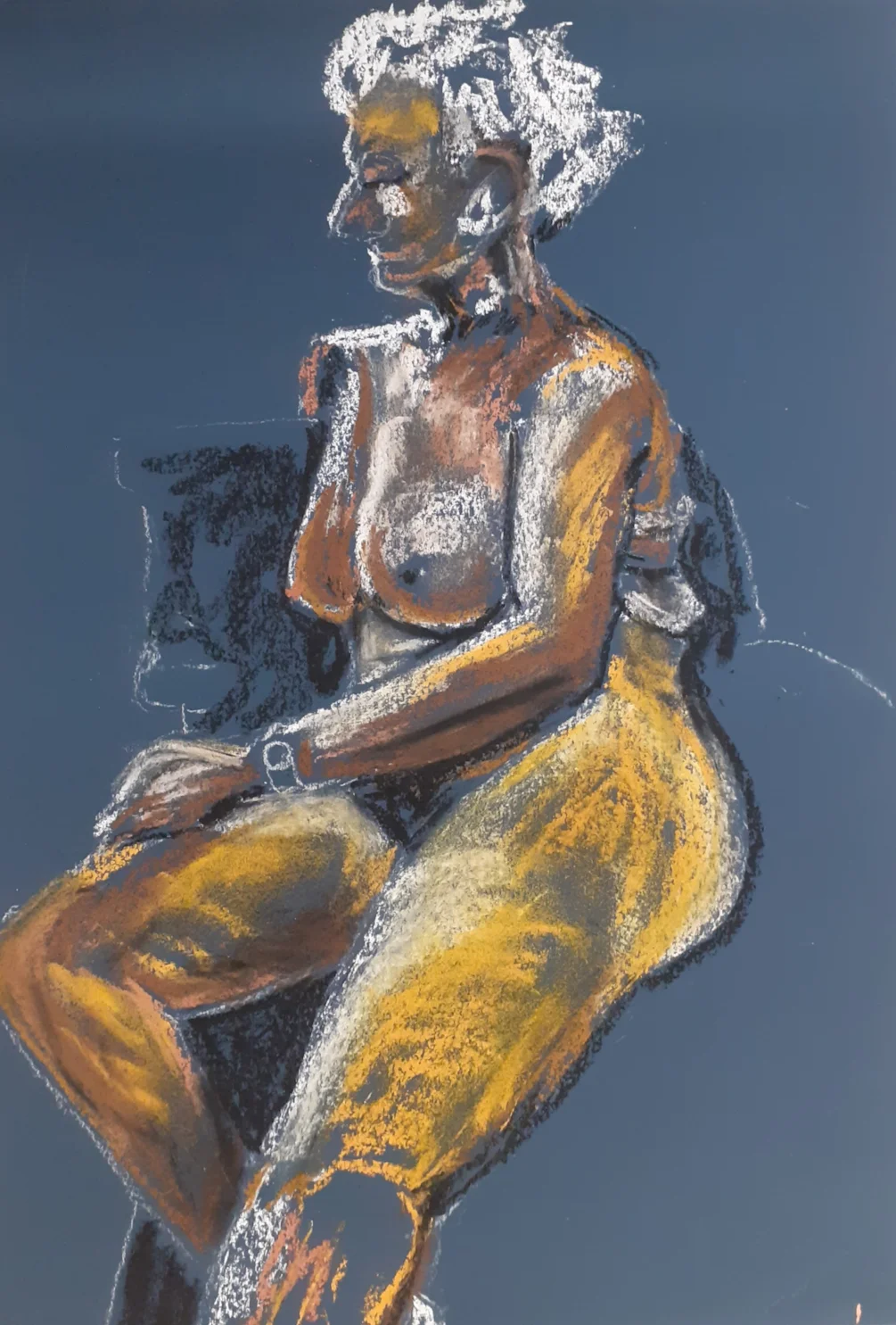 Carole - Unfinished Half Hour Pose - Soft pastels on dark blue MiTientes paper 3-11-2023 Carole - Unfinished Half Hour Pose - Soft pastels on dark blue MiTientes paper 3-11-2023