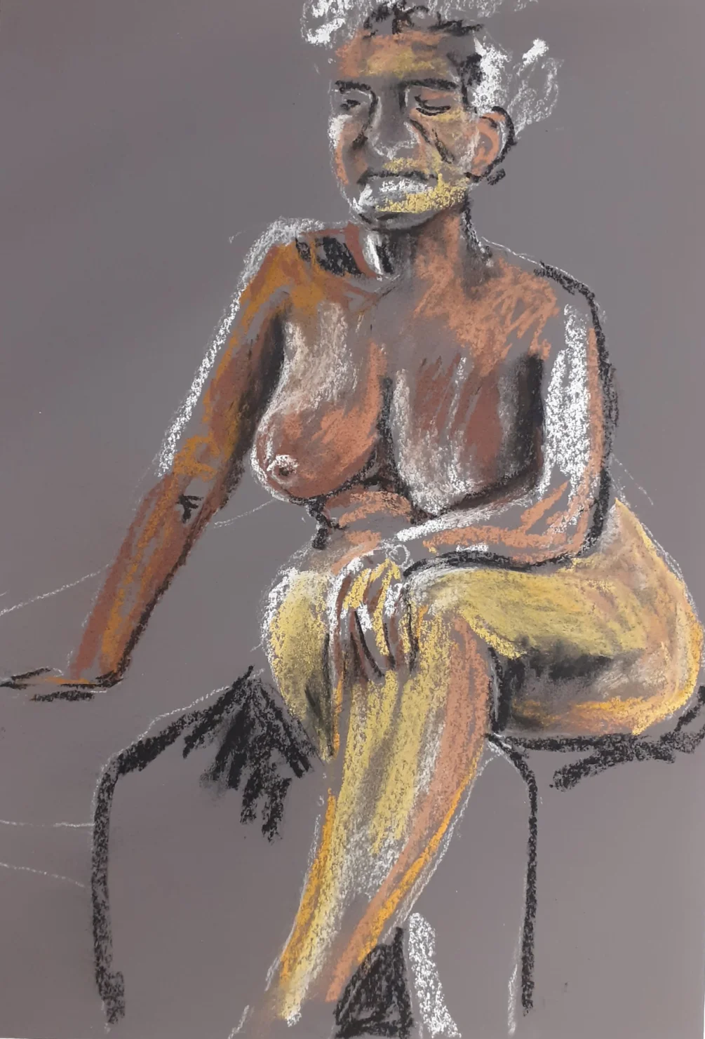 Carole - Unfinished Half Hour Pose, Soft pastel on dark grey Mi Tientes paper, 3-11-2023 Carole - Unfinished Half Hour Pose, Soft pastel on dark grey Mi Tientes paper, 3-11-2023