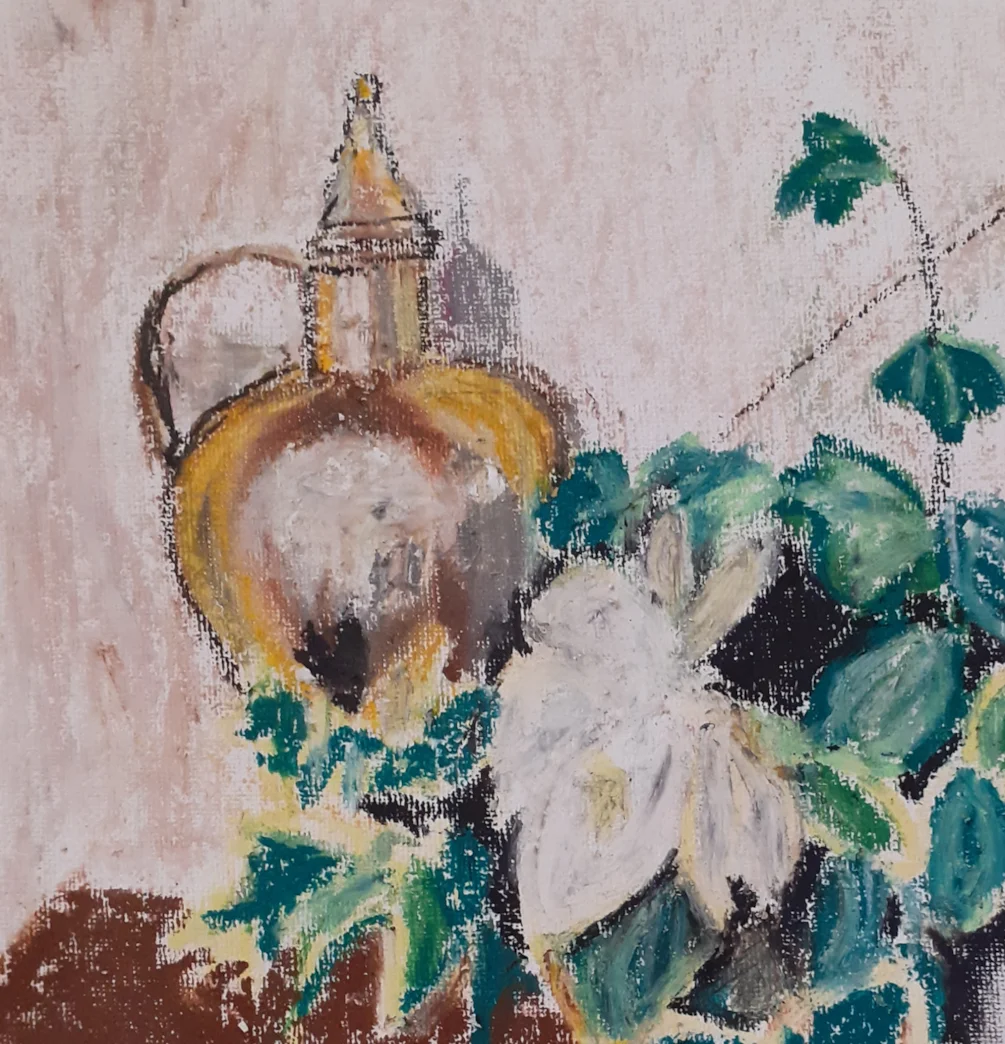 Christmas Still Life - Brass Flagon with Ivy and Camelia - Oil pastel on canvas paper, 5th Sept 2023 Christmas Still Life - Brass Flagon with Ivy and Camelia - Oil pastel on canvas paper, 5th Sept 2023