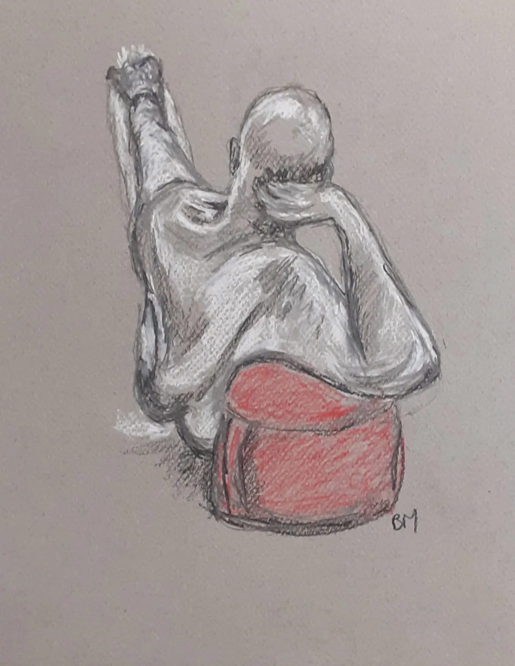 Life Drawing of David Leaning on a Red Pouffe - Pastel pencil on grey A3 Tiziano paper - 21st Feb 2025 Life Drawing of David Leaning on a Red Pouffe - Pastel pencil on grey A3 Tiziano paper - 21st Feb 2025
