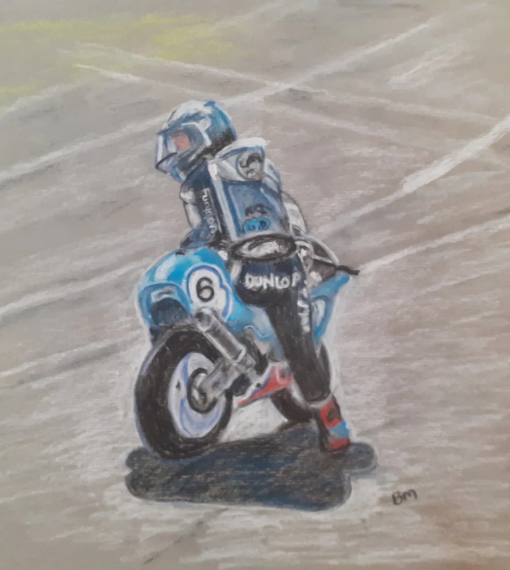 Michael Dunlop at The Bungalow - Manx Grand Prix 2022 - Pastel pencil on grey paper, 4th Sept 2023 Michael Dunlop at The Bungalow - Manx Grand Prix 2022 - Pastel pencil on grey paper, 4th Sept 2023