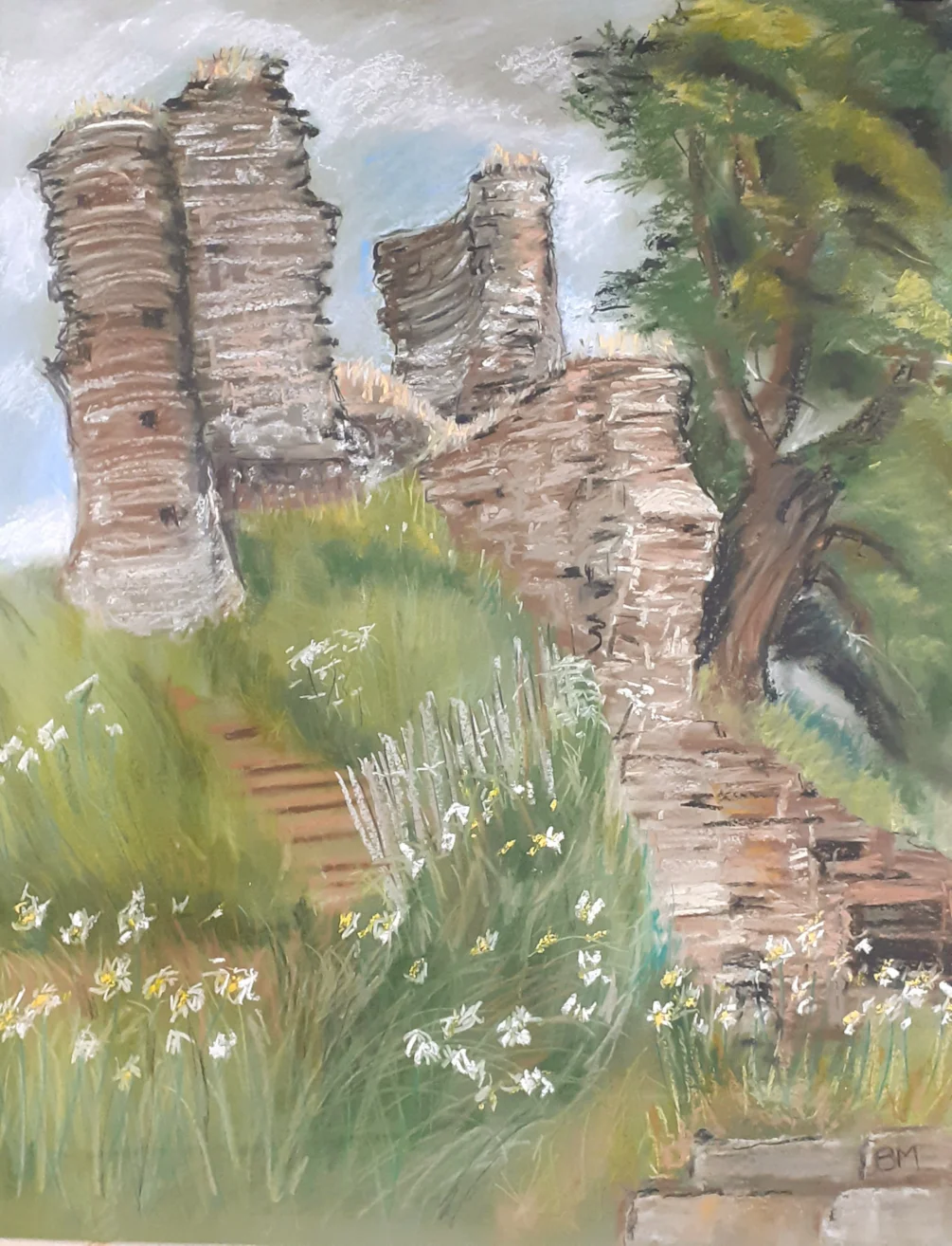 Midsummer at Snodhill Castle, Soft pastel and pastel pencils on 40 x 50 cm green mountboard, 21st June 2024 Midsummer at Snodhill Castle, Soft pastel and pastel pencils on 40 x 50 cm green mountboard, 21st June 2024